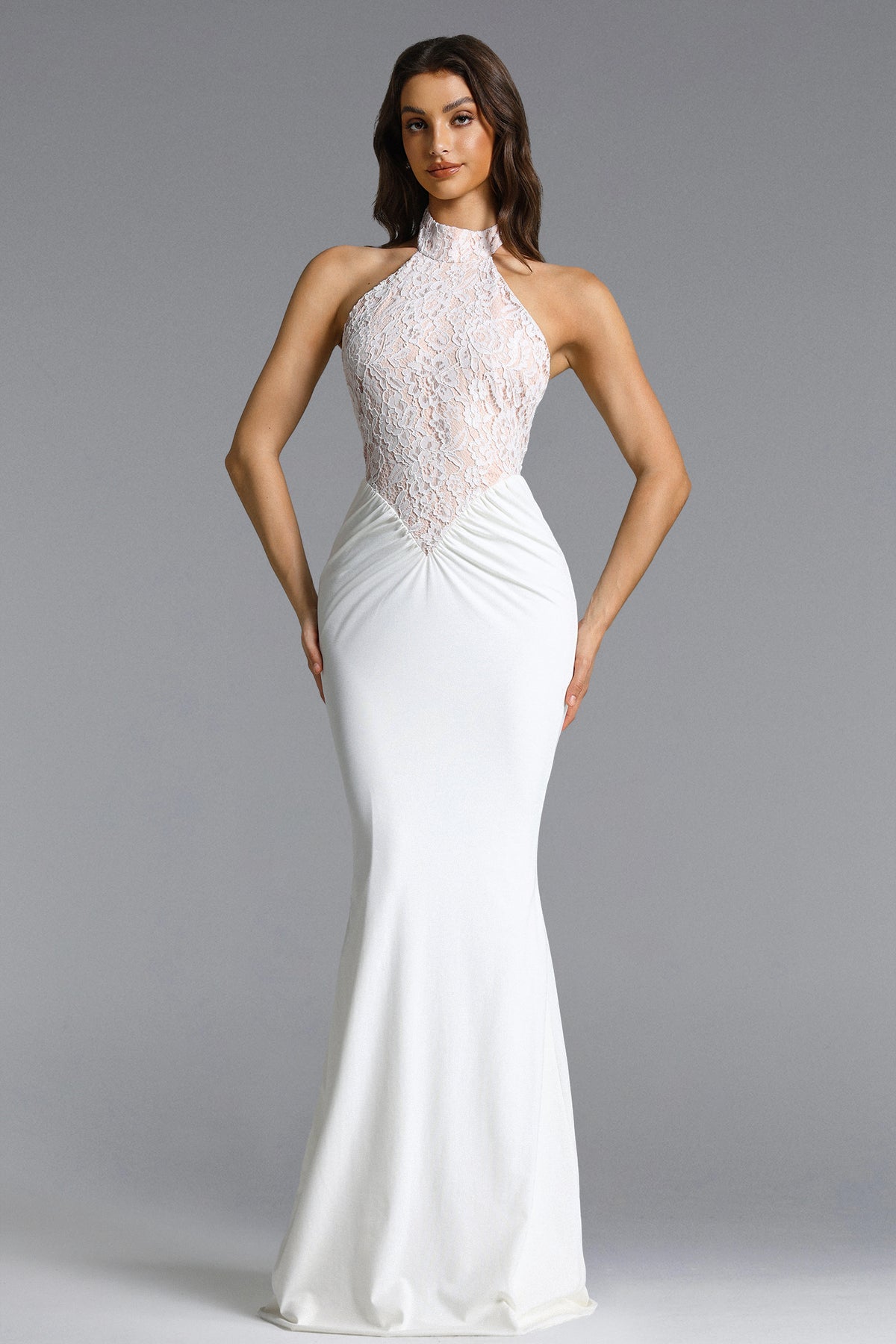 Fahrenheit Elegant Contour Halter Ruched Lace Maxi Dress