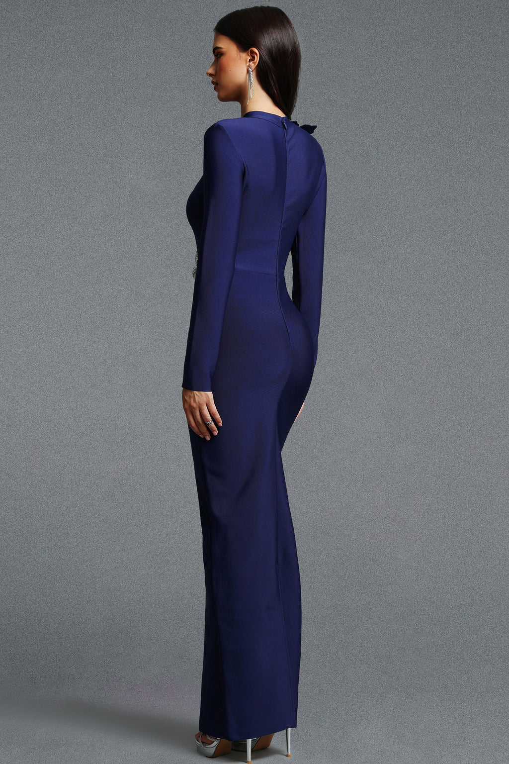 Jayden Fitted Long Sleeve Rhinestone Floral Blue Bandage Maxi Dress