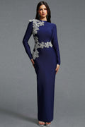 Jayden Fitted Long Sleeve Rhinestone Floral Blue Bandage Maxi Dress