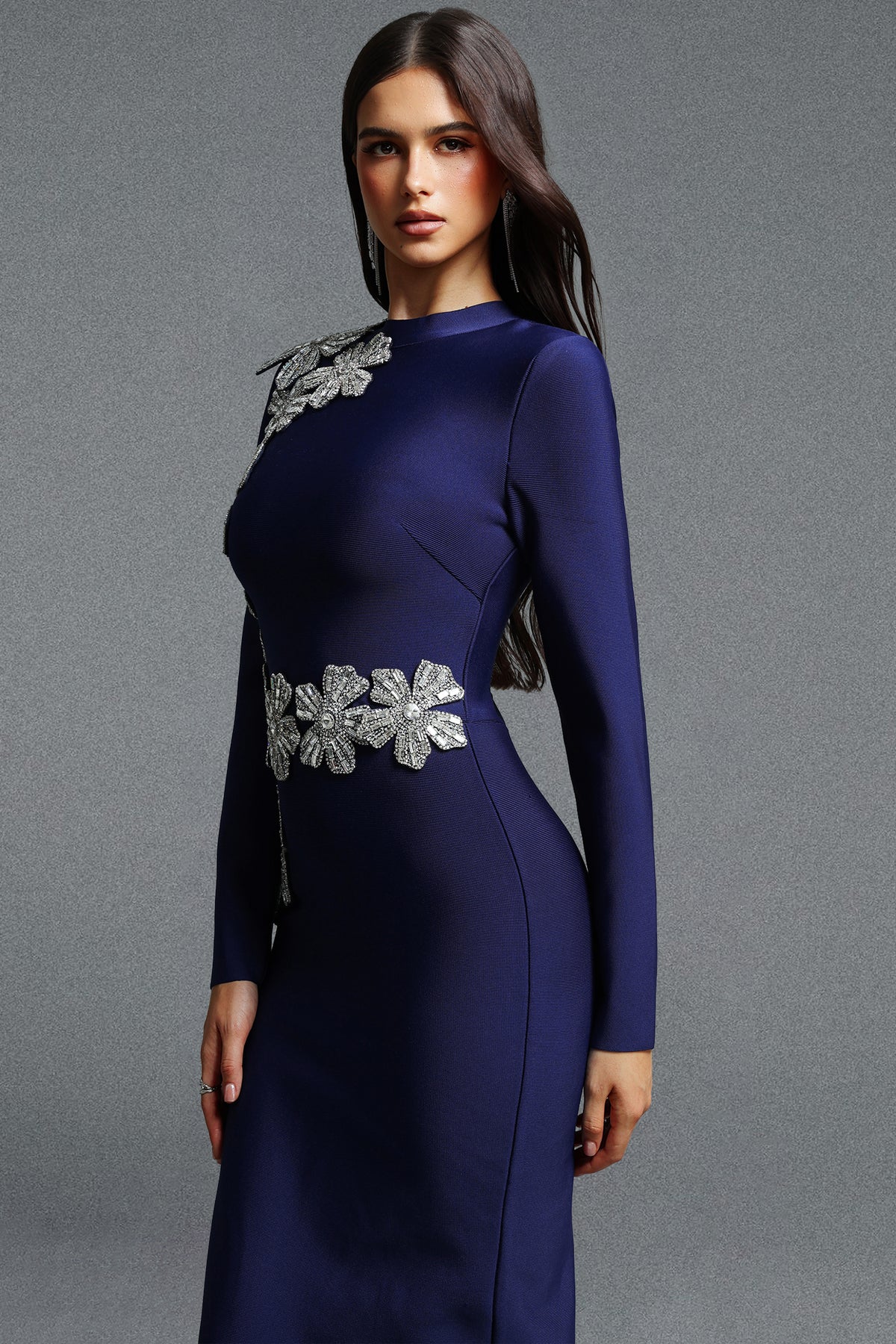 Jayden Fitted Long Sleeve Rhinestone Floral Blue Bandage Maxi Dress