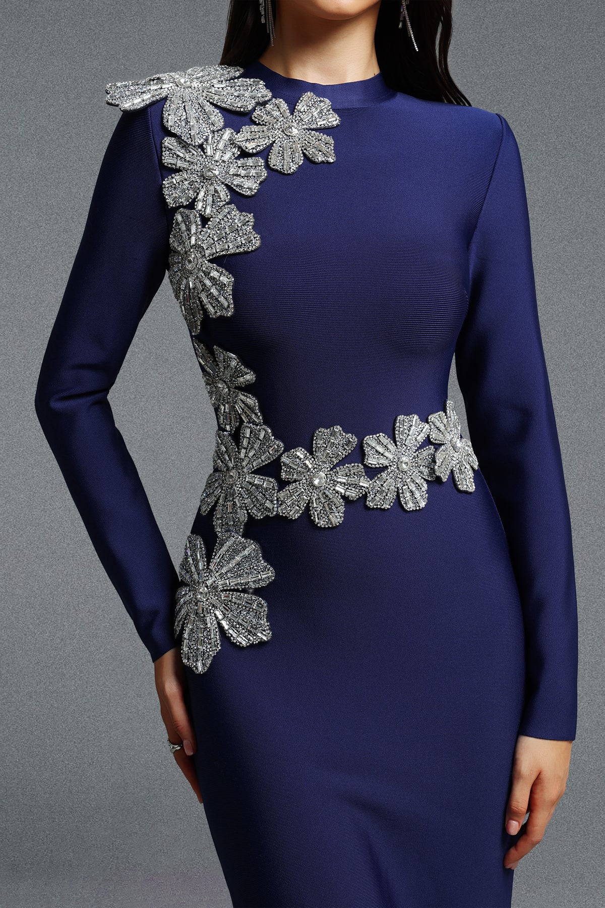 Jayden Fitted Long Sleeve Rhinestone Floral Blue Bandage Maxi Dress