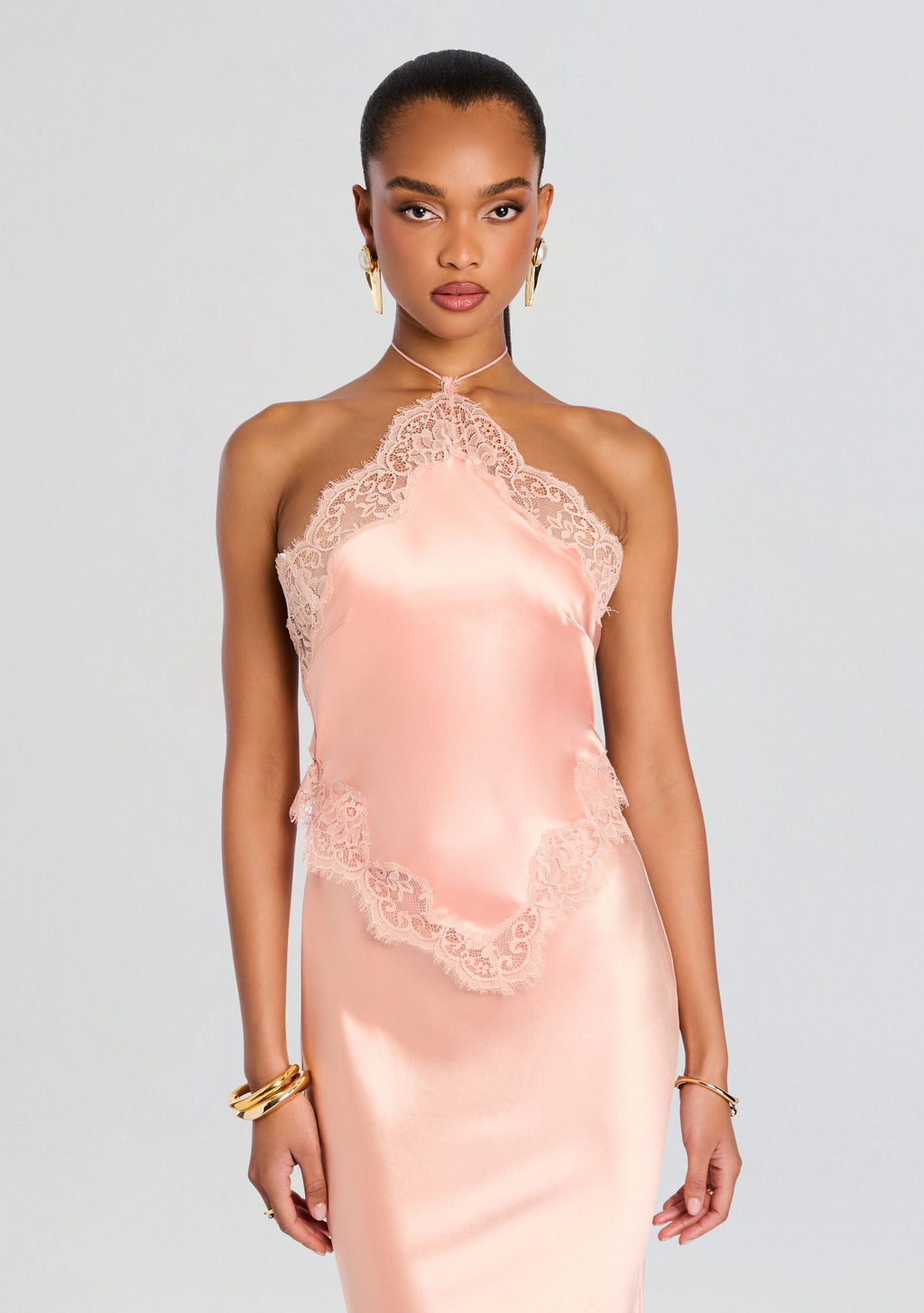 Everly Dress front view in blush pink satin with lace halter neckline