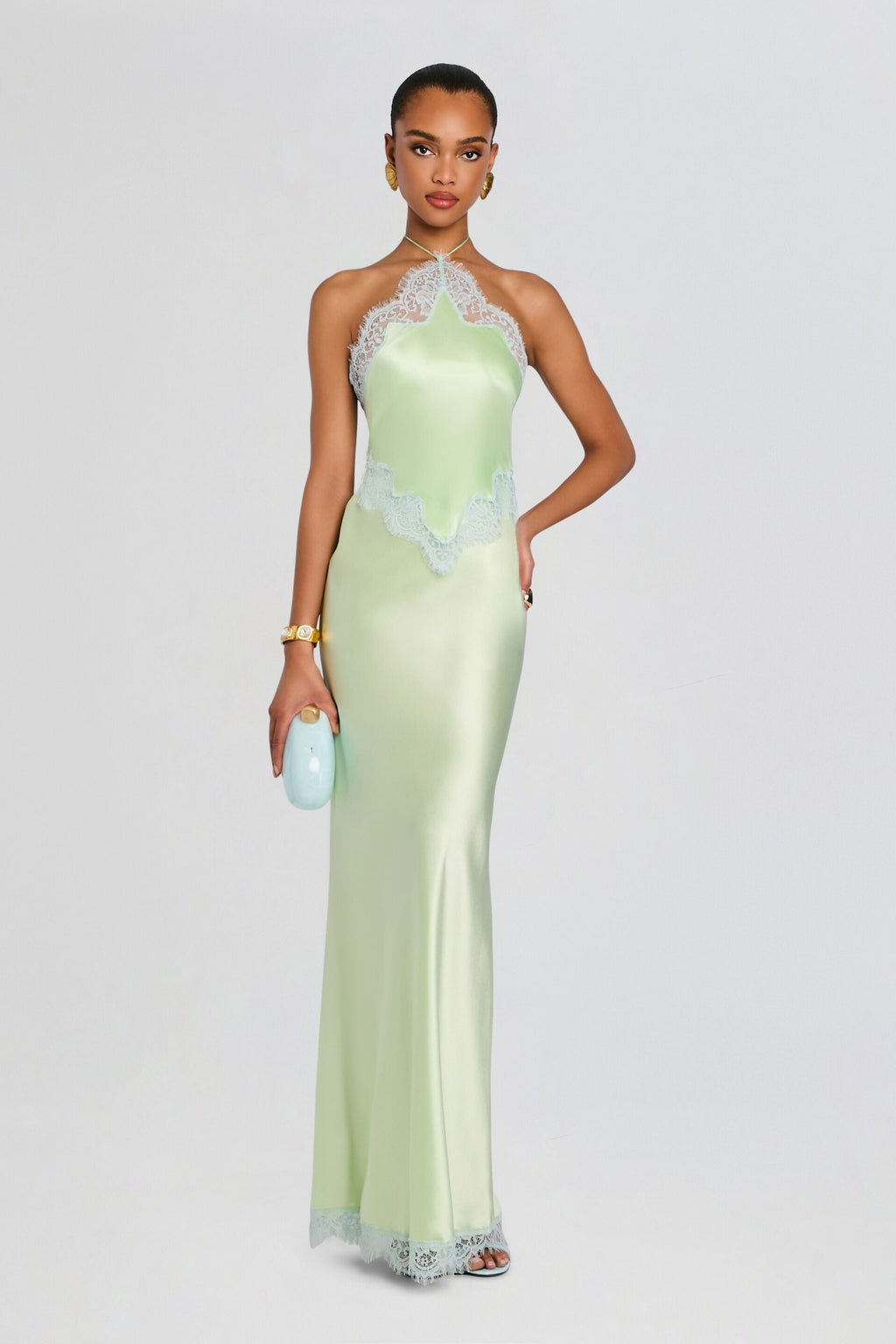 Everly Dress in mint satin with lace halter neckline and scalloped lace hem, floor-length gown
