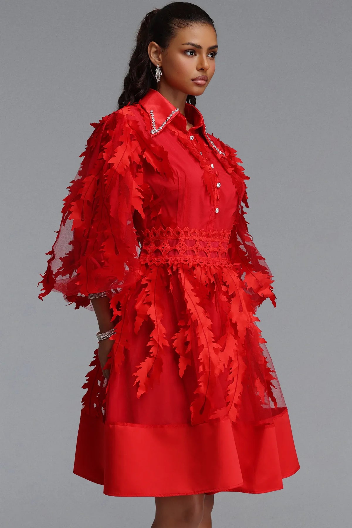 Caia Tül Kollu Taşlı A Kesim Dokuma Premium Mini Elbise