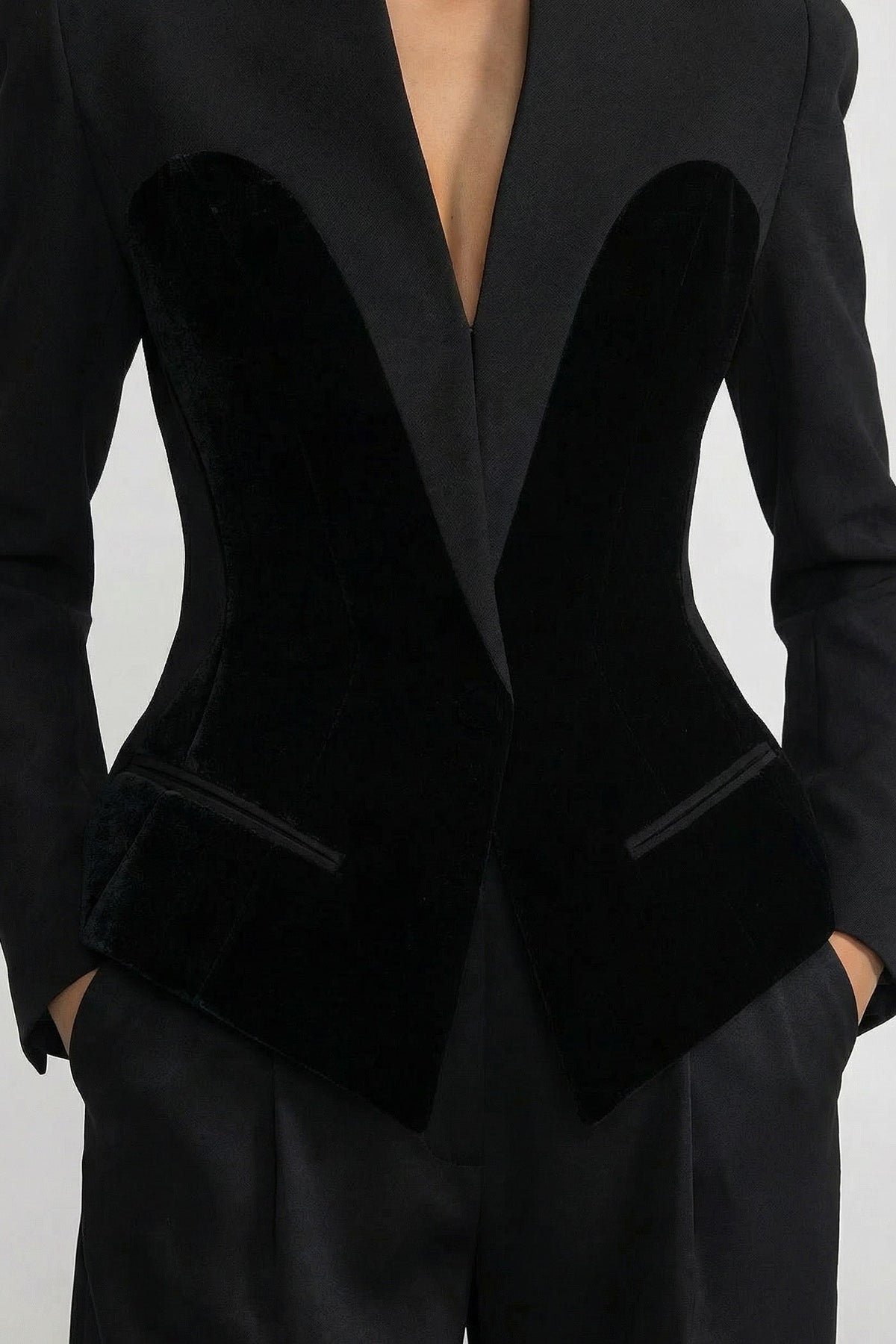 Kadife Korse-stil Paneller Detaylı Uzun Kollu Blazer Ceket