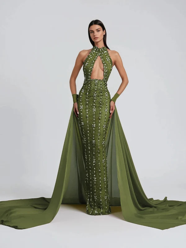 Genvyra Halter Yaka Kesimli Elmas Detaylı Premium Maxi Elbise