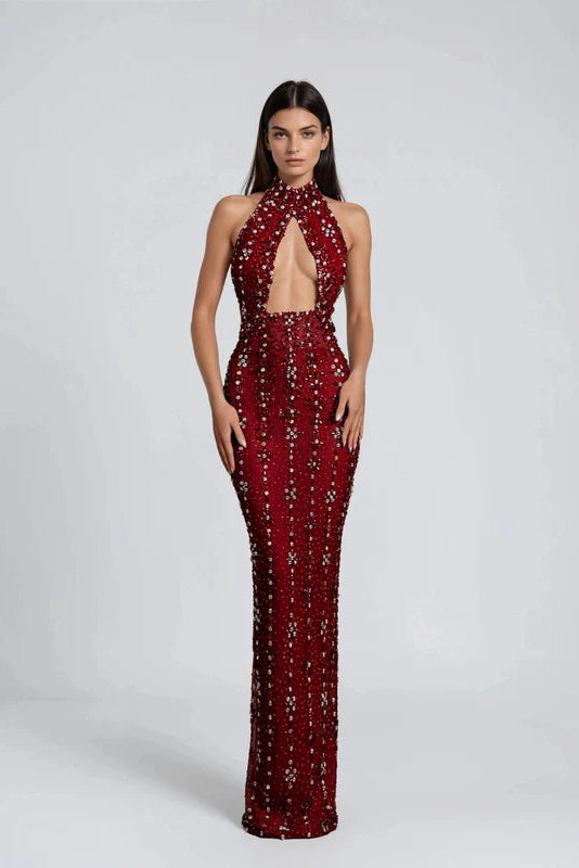 Jannea Halter Yaka Kesimli Elmas Detaylı Premium Maxi Elbise