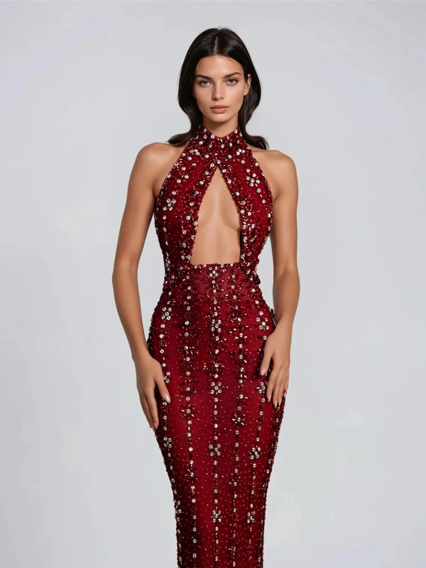 Jannea Halter Yaka Kesimli Elmas Detaylı Premium Maxi Elbise