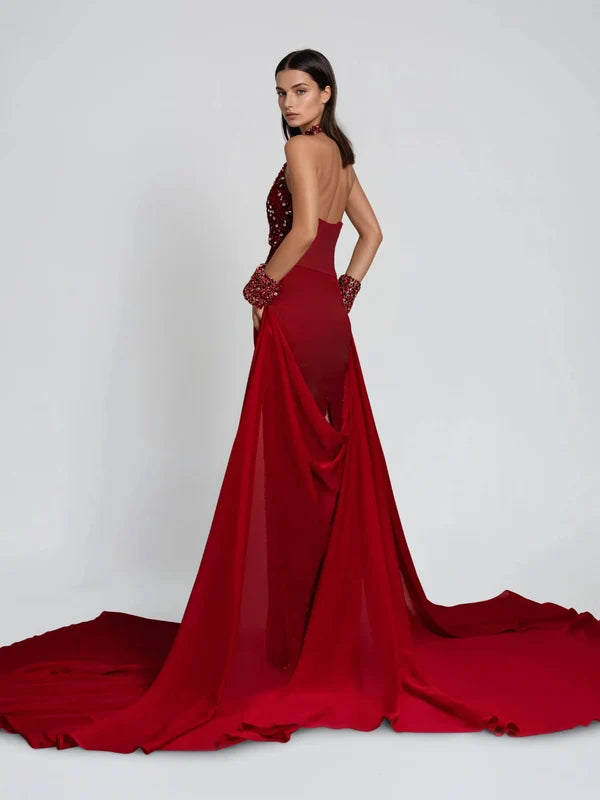 Jannea Halter Yaka Kesimli Elmas Detaylı Premium Maxi Elbise